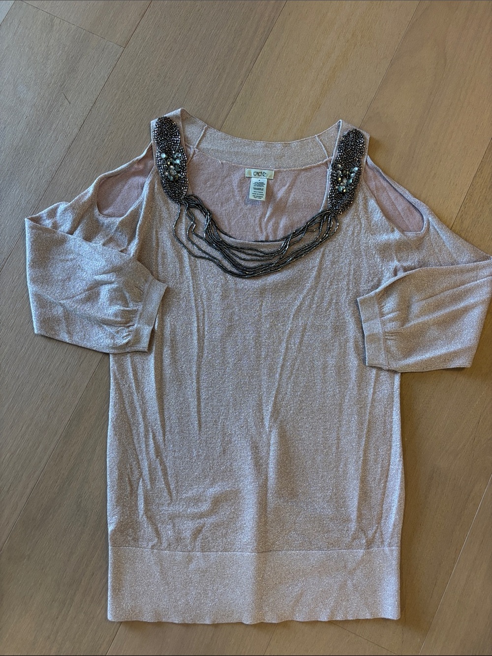 Cache Blush Pink Off-the-Shoulder Sweater with Beaded Neckline